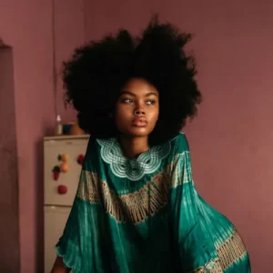 Black woman exuding confidence wearing glamorous green dress